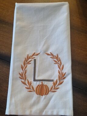 Linen Fall Kitchen Guest Room Tea Towel Initial L Pumpkin Orange Vine Embroidery